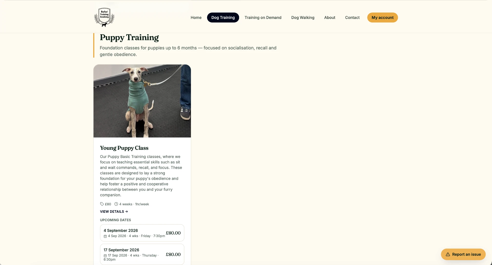 Screenshot of the refreshed Rufus' Training Academy website, showing the puppy training class page with upcoming dates.